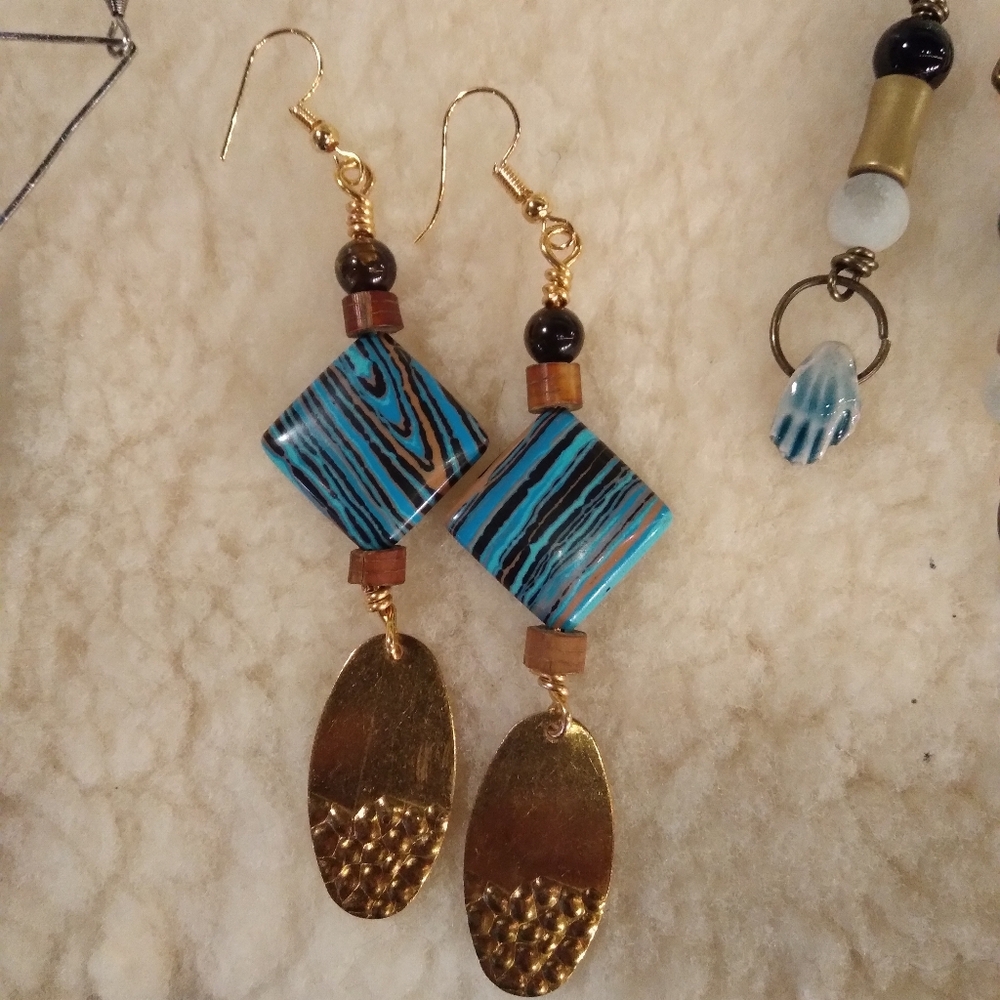 Gold and Blue Dangle Earrings